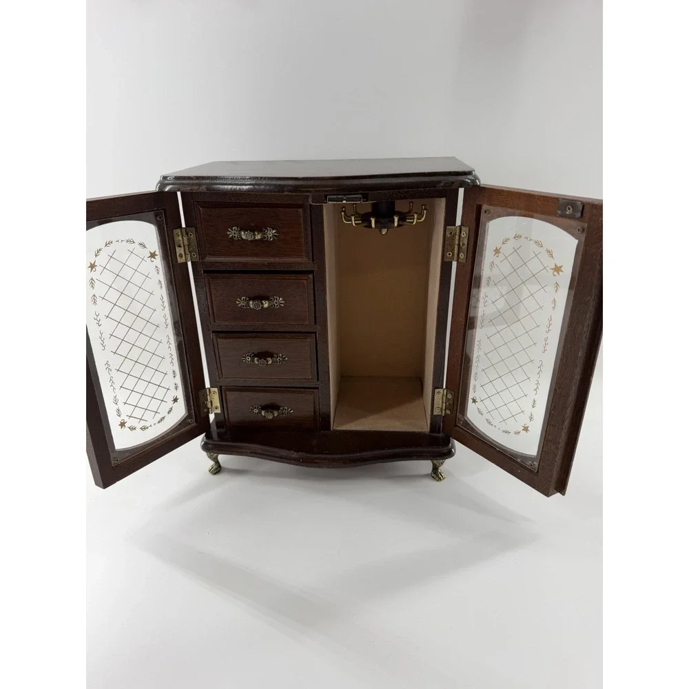 Vtg Wood Jewelry Armoire Glass Etched Doors Rotating Carousel Claw Feet 4 Drawer